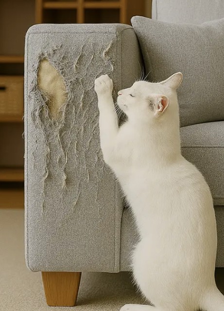 Sofá com arranhões antes do tapete protetor